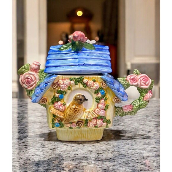 Mini Teapot Floral Bird House Ceramic Unique Spring Summer - Picture 1 of 14